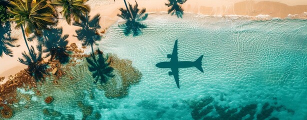 The reflection of the plane on the beach, the concept of travel