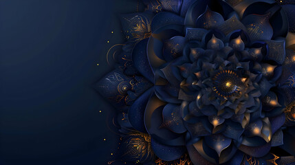 banner for an esoteric store, on a dark blue background, a gold-blue mandala with copy space