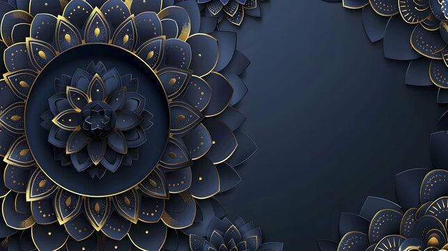 banner for an esoteric store, on a dark blue background, a gold-blue mandala with copy space