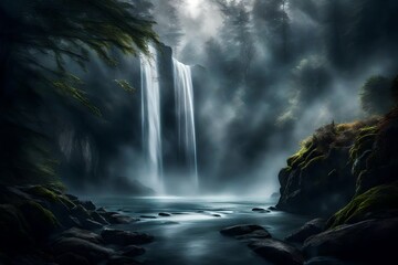 The waterfall seen through a veil of mist, creating an ethereal and dreamy atmosphere that transports you to another world