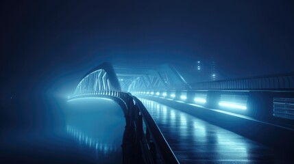 Night bridge illuminated in blue tones. Architecture. AI generative.