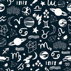 Seamless pattern. Signs of the zodiac, phases of the moon, sun and moon. Engraving style. Astrology. - 776319971