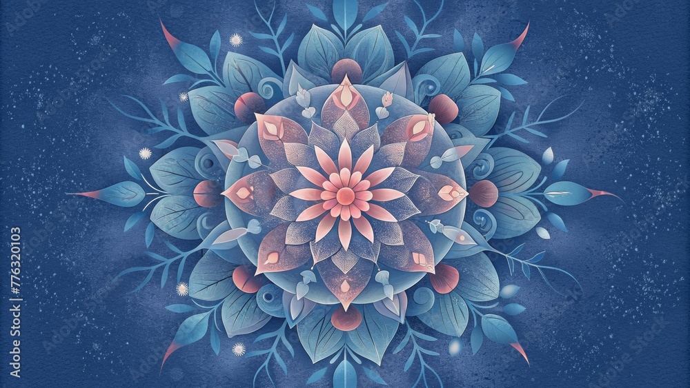 Poster a symmetrical arrangement of delicate floral motifs arranged in a circular mandala shape evoking a s