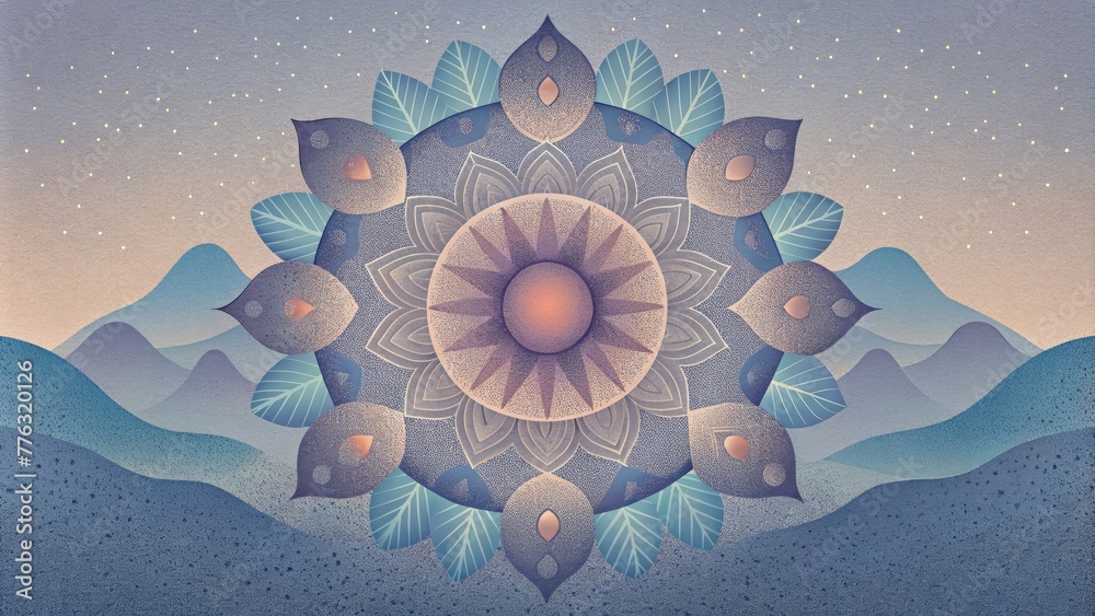 Poster A tranquil oasis of muted colors and intricate patterns forming a minimalist mandala that exudes a sense of calmness.