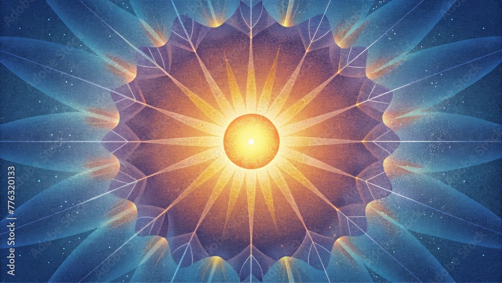 Poster radiating sunlike rays of different hues emanating from a central point forming a mandala that embod