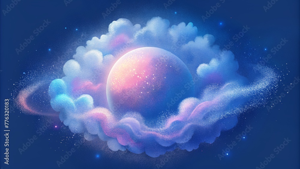 Poster billowing wisps of misty blue and shimmering pink hues evoke a sense of vastness and wonder in this 