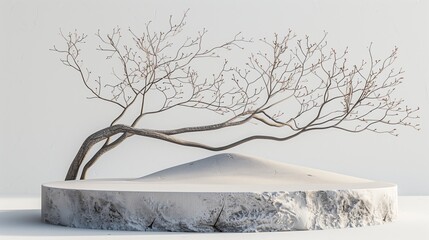 Mockup background for product presentation. Podium and dry tree twigs branch with sand beach on white background.