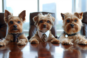 A group of dogs in business clothes are meeting in the office. - obrazy, fototapety, plakaty