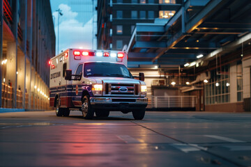 An ambulance with lights flashing rushes through the city streets at dusk, poised for emergency response.