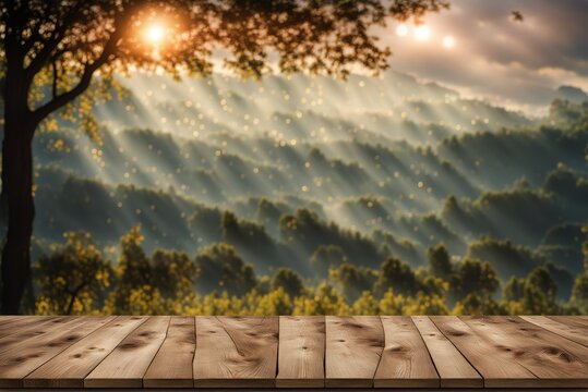 empty table in front of blury sunset over the mountains