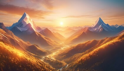 AI generated Fantasy stunning nature scence,beautiful mountain view in golden hour ,sunrise or...