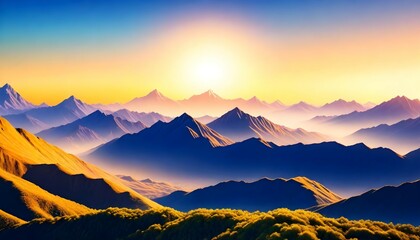 AI generated Fantasy stunning nature scence,beautiful mountain view in golden hour ,sunrise or sunset with golden light ,abstract background .