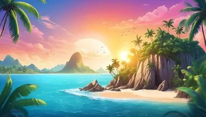 Zelfklevend Fotobehang Tropical island background. Illustration AI Generative © Muhammad