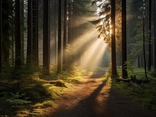 A Hiker Experiences a Misty Sunrise in the Forest
