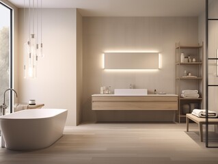 Fototapeta na wymiar A Modern Bathroom Interior at Dusk, Designed for Relaxation