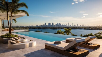 Modern villa with a private rooftop infinity pool overlooking the Miami skyline in Florida