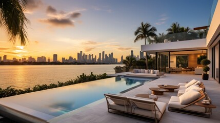 Modern villa with a private rooftop infinity pool overlooking the Miami skyline in Florida