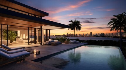 Fototapeta premium Modern villa with a private rooftop infinity pool overlooking the Miami skyline in Florida