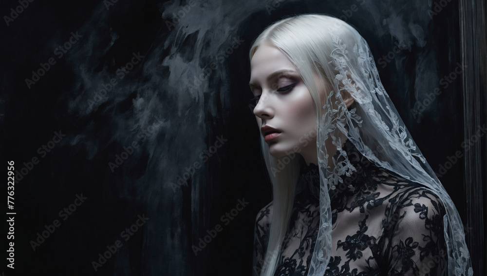 Wall mural In the ethereal world of the silvery glam-goth virtual art gallery, a captivating figure emerges from the shadows. - Wall murals