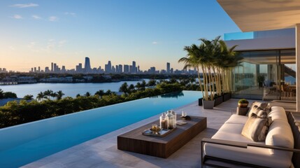 Obraz premium Modern villa with a private rooftop infinity pool overlooking the Miami skyline in Florida