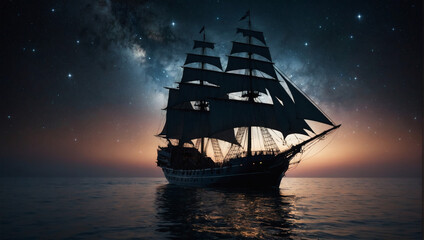 In the hushed stillness of the night, a majestic nocturnal aetherial cosmic caravel emerges from the darkness, its silhouette cutting through the star-studded sky.