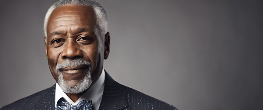 A close-up portrait of an elderly African American man with glasses, smiling warmly at the camera. generative ai