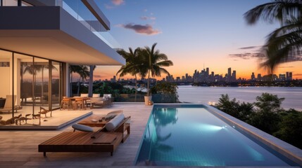 Fototapeta premium Modern villa with a private rooftop infinity pool overlooking the Miami skyline in Florida