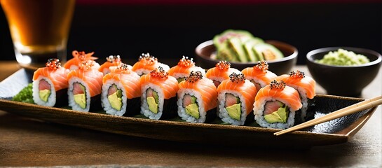 Sushi maki rolls with salmon on plate. Japanese traditional seafood.