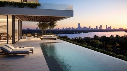 Fototapeta premium Modern villa with a private rooftop infinity pool overlooking the Miami skyline in Florida