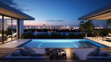 Fototapeta premium Modern villa with a private rooftop infinity pool overlooking the Miami skyline in Florida