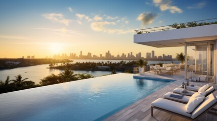 Fototapeta premium Modern villa with a private rooftop infinity pool overlooking the Miami skyline in Florida