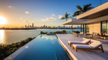 Naklejka premium Modern villa with a private rooftop infinity pool overlooking the Miami skyline in Florida