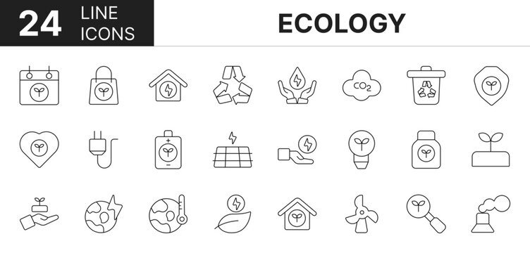 Collection of 24 Ecology line icons featuring editable strokes. These outline icons depict various modes of Ecology, Nature, Travel,