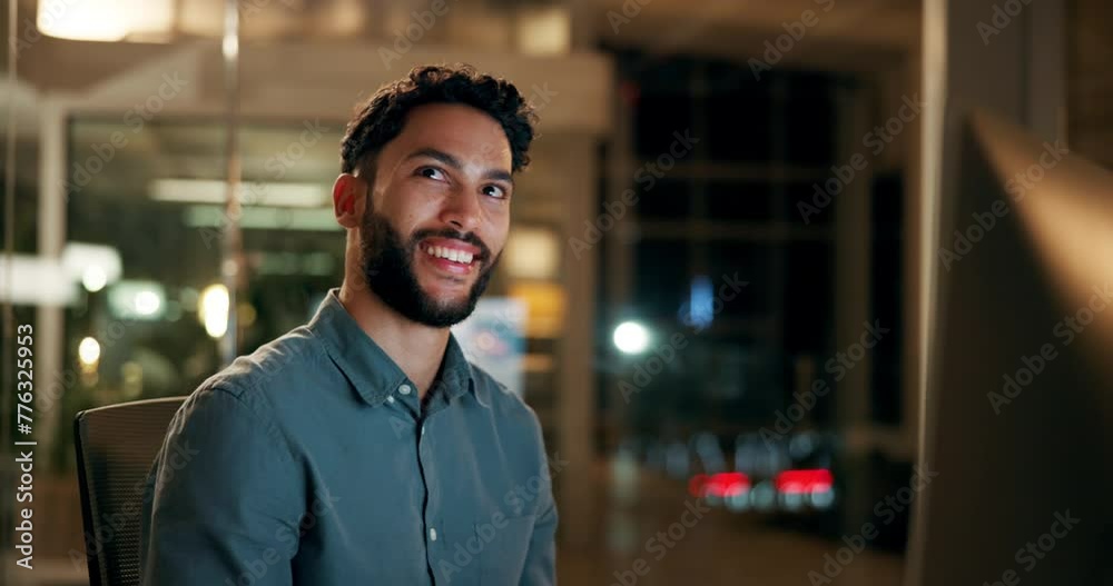 Poster Man, work and typing on computer at night, businessman answer emails or overtime for deadline. Hardworking, search or browse internet for online company, research or social media assistant career