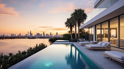 Fototapeta premium Modern villa with a private rooftop infinity pool overlooking the Miami skyline in Florida