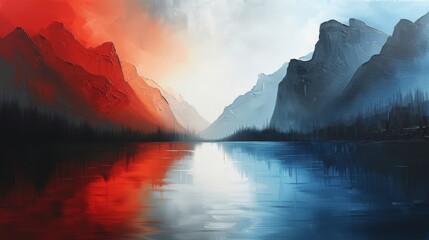 An acrylic painting of unparalleled realism, characterized by distinctive brushwork. This artwork portrays an abstract forest and landscape, featuring hues of blue, grey, black, and vibrant red. - obrazy, fototapety, plakaty