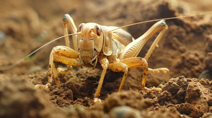 Gryllotalpa gryllotalpa in its habitat. A mole cricket's close-up in soil. Concept of ecosystem balance, soil fertility, and entomological study.