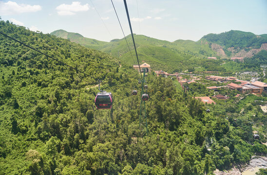 Da Nang, Vietnam - 29.06.2023: The famous and longest cable car to the French village of Ba Na Hills in Vietnam.