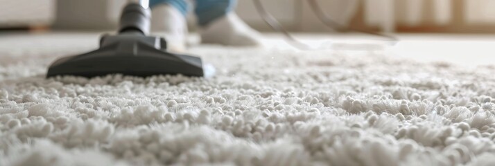 Vacuum cleaner in use on a white shag carpet. Rug cleaning. Vacuuming. Concept of household chores,...
