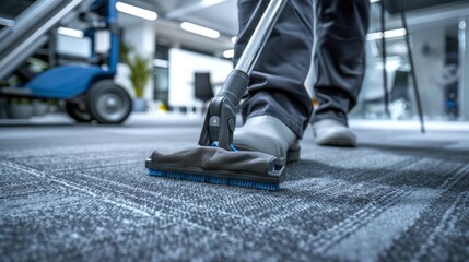 Professional cleaning with a powerful vacuum cleaner on a carpet. Close-up of vacuuming action. Concept of commercial cleaning, detailed rug care, and professional janitorial services.