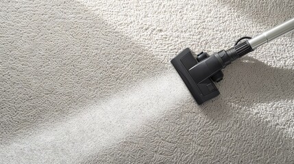 Vacuum cleaner head gliding over fluffy beige rug. Carpet cleaning revealing a fresh, clean stripe. Concept of home cleanliness, dust reduction, and professional cleaning services. Copy space. Banner - obrazy, fototapety, plakaty