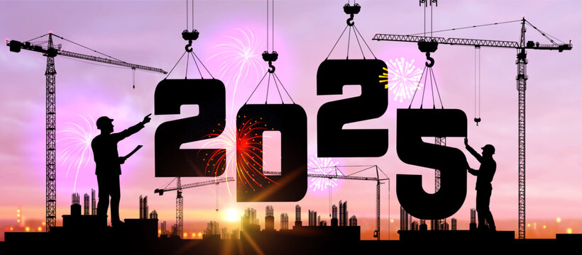 Cranes building construction 2025 year sign. Black silhouette staff works as a team to prepare to welcome the new year 2025. Against the backdrop of the rising sun and the sky with clouds. Vector.