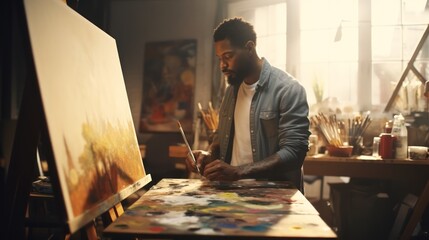 Young African American male artist painting on canvas in art studio. Concept of artistic talent, fine arts, creative process, oil painting, cultural diversity. - obrazy, fototapety, plakaty
