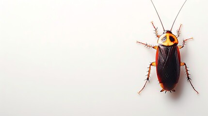 Brown Cockroach isolated on a white background. Top view. Close up of a pest insect. Concept of infestation, pest control, hygiene, domestic cleanliness, extermination, sanitation. Banner. Copy space