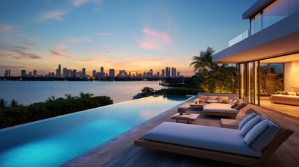 Modern villa with a private rooftop infinity pool overlooking the Miami skyline in Florida - obrazy, fototapety, plakaty