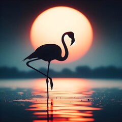 Naklejka premium flamingo at sunset