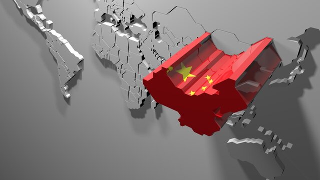 3D Metallic World Map Highlighting China with Flag Overlay