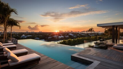 Fototapeta premium Modern villa with a private rooftop infinity pool overlooking the Miami skyline in Florida