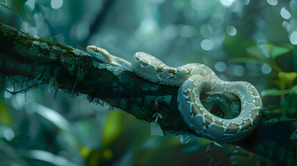A sleek snake coiled elegantly on a tree branch, its sinuous form contrasting against a dreamy, out-of-focus forest setting