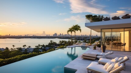 Fototapeta premium Modern villa with a private rooftop infinity pool overlooking the Miami skyline in Florida